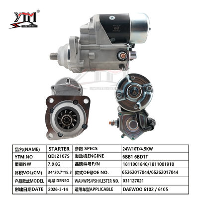 24V 10T 4,5KW Motor Starter Motor DAEWO0 6102 6105 Dieselmotor Zubehör 1811001840/1811001910 65262017044 65262017044 für DENSO