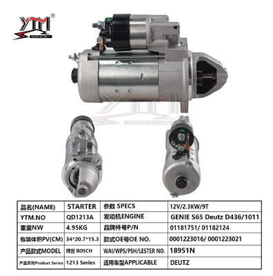 YTM QD1213A 12V 2.3KW 9T Starter Motor for Deutz D436 1011 Engine Genie S65 Bosch 0001223016 0001223021 Deutz 01181751 01182124 Replacement Starter