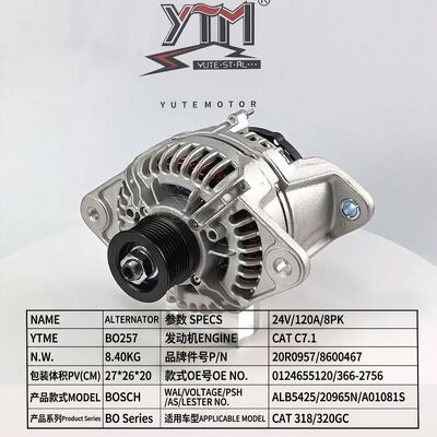 24V 120A 8PK Alternator BO257 20R0957 8600467 0124655120 366-2756 ALB5425  for CAT C7.1 318 320GC