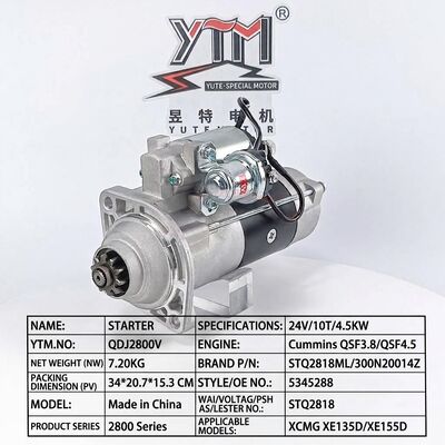 QDJ2800V 24V 10T 4.5KW Starter Motor STQ2818ML 300N20014Z 5345288 STQ2818  for Cummins QSF3.8 QSF4.5 XCMG XE135D XE155D