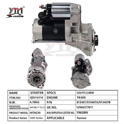 QDJ1431K 12V 2.0KW 9T Starter Motor S13407 S13407A S13407B 12968577011 19638N  For Yanmar TK486 Engine