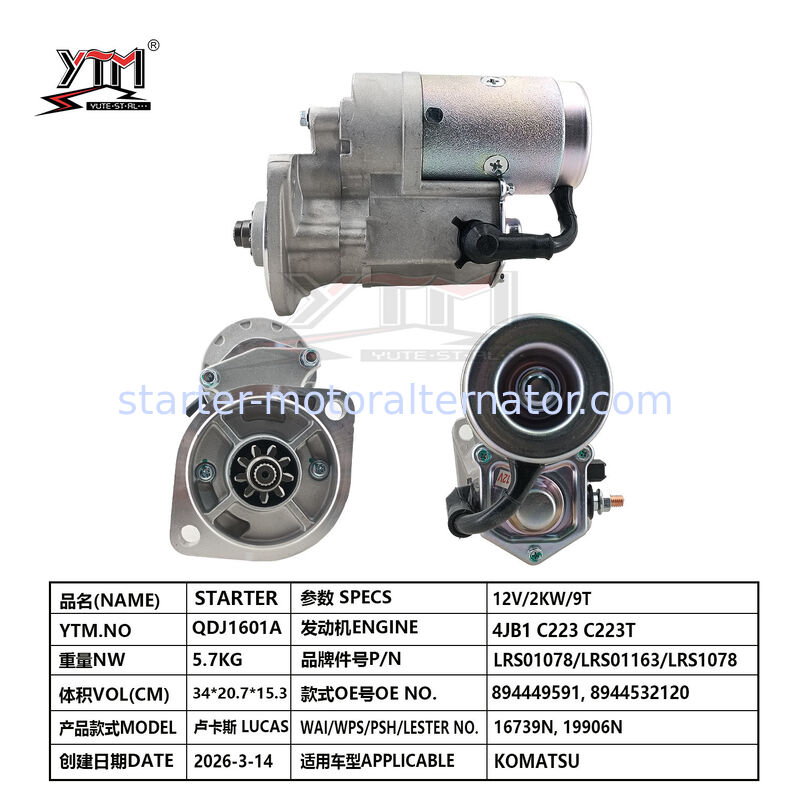 12V 2KW 9T Engine Starter Motor LUCAS LRS01078 LRS01163 LRS1078 for KOMATSU 894449591 8944532120