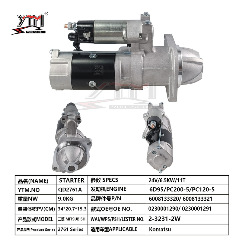 24V 11T 6,5KW Startermotor QD2761A Für Komatsu PC200-5 PC120-5 6D95 Motor OE 0230001290 6008133320 2-3231-2W